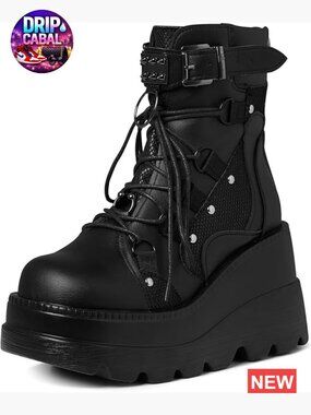 Chunky High Heel Platform Ankle Boots Goth Round Toe Combat Lace Up Wedges